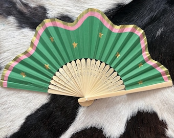 Green and gold stars scallop edge hand painted fan