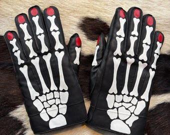 Skeleton hands Handpainted vintage leather gloves with faux fur lining