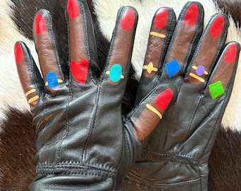 Rings on fingers hand painted real leather vintage gloves