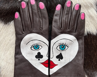 Queen of clubs and spades hand painted vintage brown leather gloves