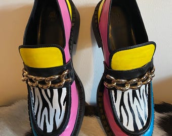 Pink yellow turquoise and zebra hand painted loafers