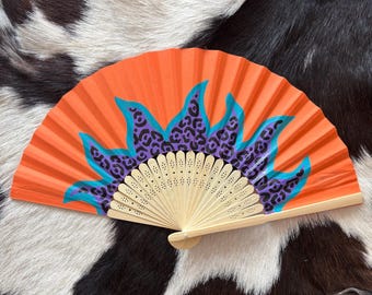 Orange and purple leopard print hand painted fan