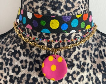 Polka dot painted leather polymer clay chains choker necklace