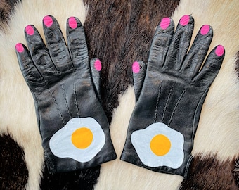 Fried eggs Handpainted upcycled vintage real leather gloves