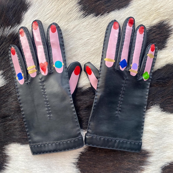 Rings on fingers hand painted real leather vintage gloves-