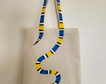 Blue and yellow snake handmade calico cotton tote bag