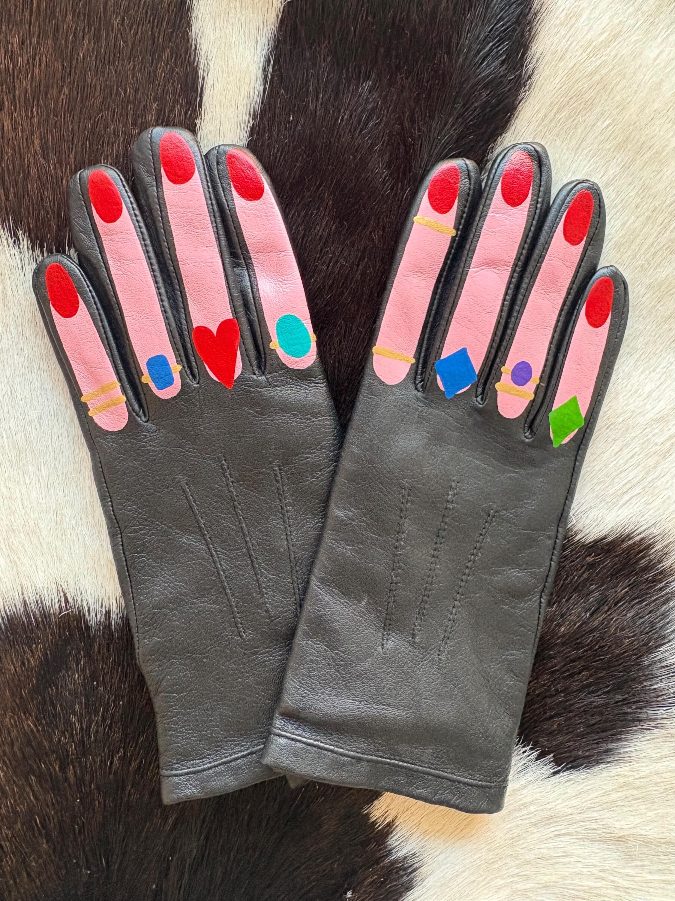 Rings on Fingers Hand Painted Real Leather Vintage Gloves- MADE TO