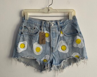 Fried egg hand painted and rhinestone Levi hot pants