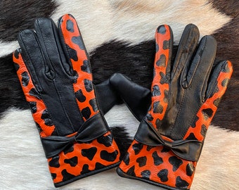 Orange giraffe print painted vintage leather gloves