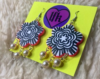 Black and white flower and pearl polymer clay earrings