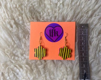 Yellow and black stripes and neon pink polymer clay earrings