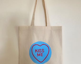 Kiss me handmade calico cotton tote bag