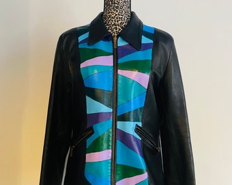 Blue and green stain glass window painted real leather jacket