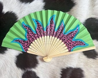 Pink and green leopard print hand fan