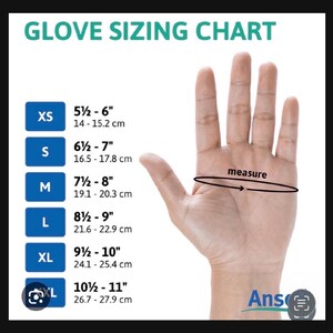 May include: A glove sizing chart featuring a hand illustration with a horizontal measurement line across the palm. The chart lists sizes XS through XXL with corresponding measurements in inches ranging from 5.5 to 11 inches.