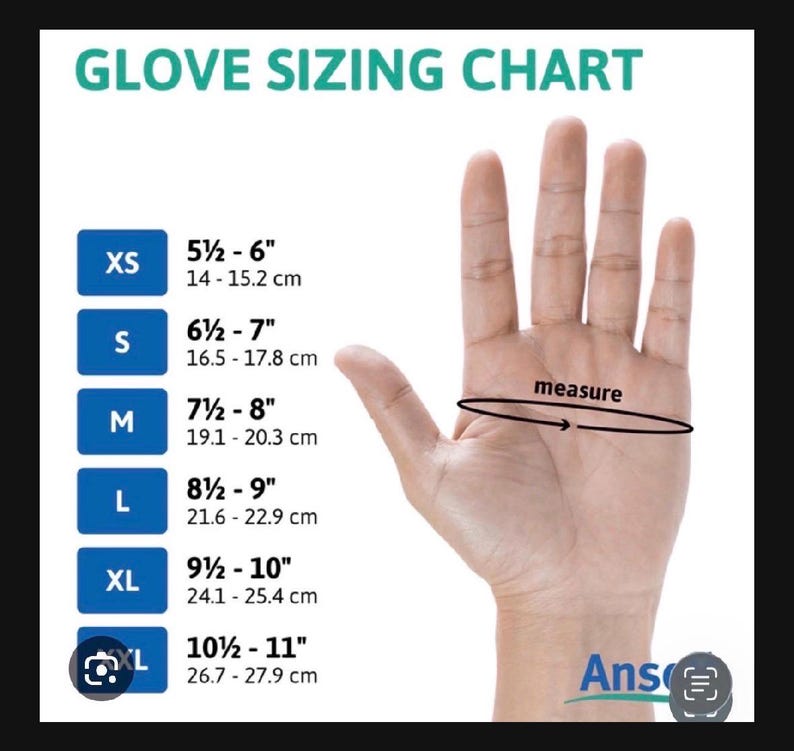 May include: A glove sizing chart featuring a hand illustration with a horizontal measurement line across the palm. The chart lists sizes XS through XXL with corresponding measurements in inches ranging from 5.5 to 11 inches.