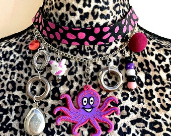 Octopus painted polka dot leather trinket charm choker necklace