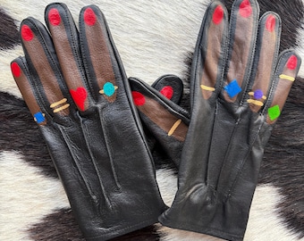Rings on fingers hand painted real leather vintage gloves