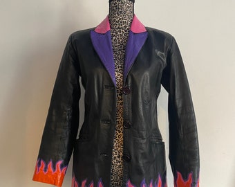 Orange pink and purple flames hand-painted vintage leather blazer jacket