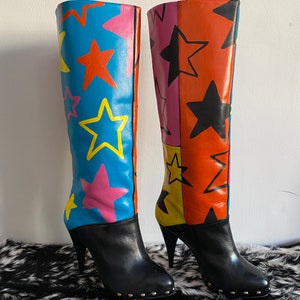 Pop art stars hand painted knee high leather stiletto boots