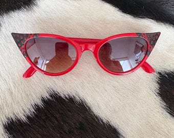 Red and black polka dot hand painted cat eye sunglasses