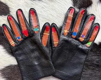 Rings on fingers hand painted real leather vintage gloves