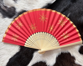 Red and gold suns sunshine hand painted fan