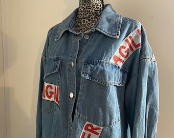 Fragile Handpainted upcycled vintage denim jacket