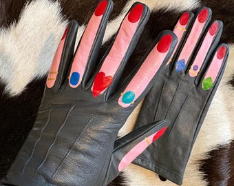 Rings on fingers hand painted vintage grey leather gloves