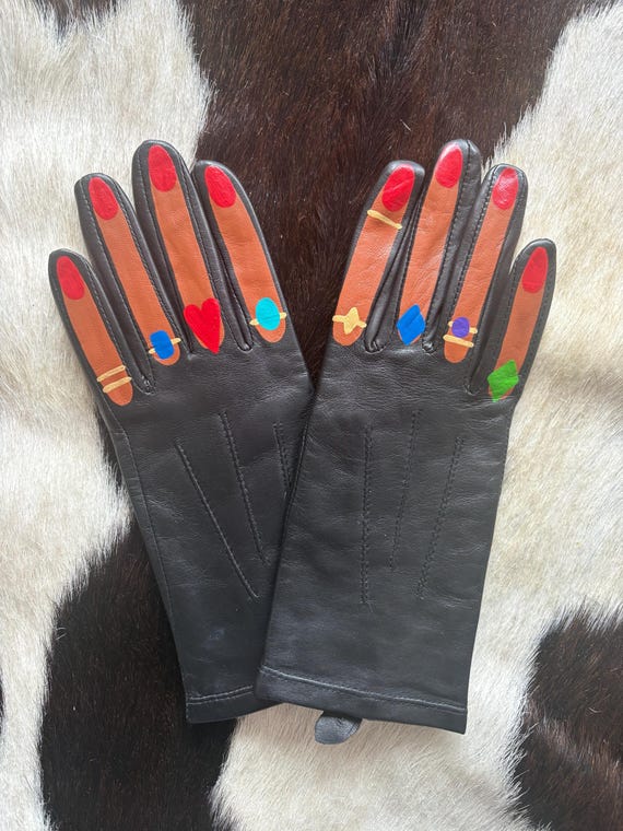 Rings on fingers hand painted vintage leather gloves READY TO SHIP small