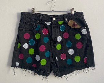 Polka dot hand painted and rhinestone black denim hot pants