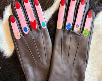 Rings on fingers hand painted vintage brown leather gloves