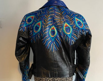 Peacock feathers reworked vintage leather biker jacket