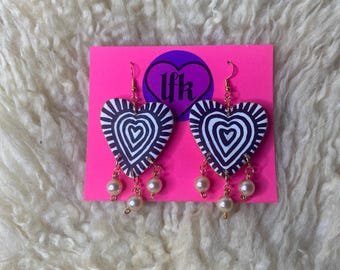 Black and white hearts and pearl polymer clay earrings