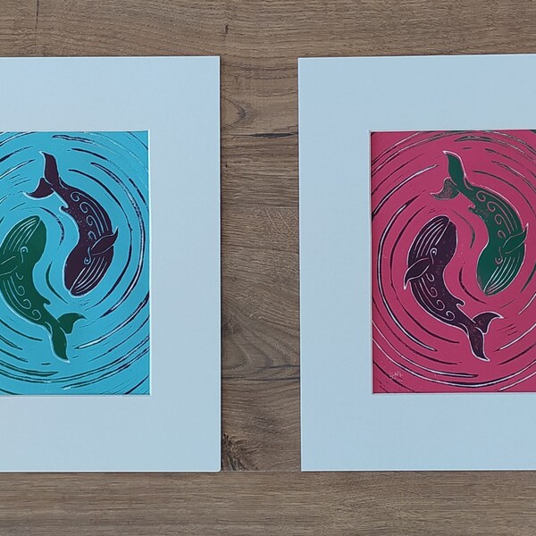 Set of 2 selected original "just two fish" handprinted multicolor reduction linocuts, unmounted