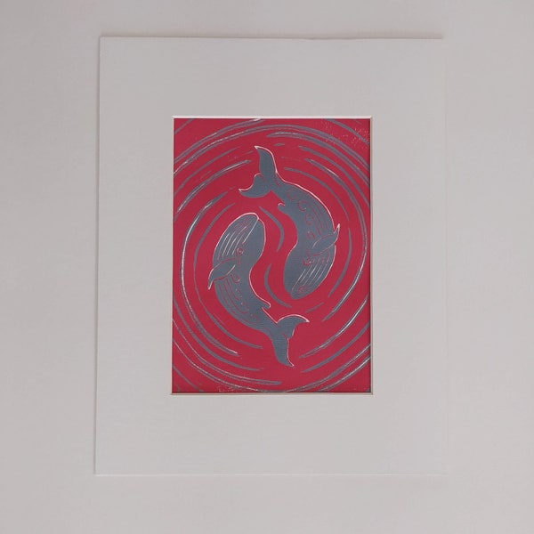 Original two color lino reduction print "just two fish" wall art hanging