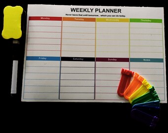 A4 Magnetic Weekly Planner, Dry Wipe Fridge Calendar Whiteboard with dry wipe pen, eraser and matching day of the week bookmarks
