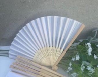 Personalised white silk-like fabric and bamboo fans for weddings