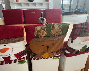 Personalised embroidered Christmas Chair Covers in three styles; Snowman, Father Christmas, Reindeer