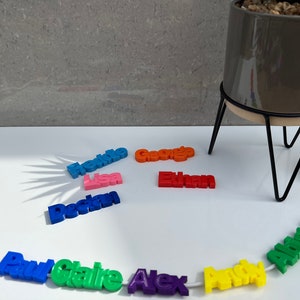 Può includere: Un set colorato di blocchi di nomi personalizzati, scritti in un motivo arcobaleno, con i nomi "Alex", "Andy", "Claire", "Paul", "Alice", "Ethan", "George", "Freddie", "Lisa" e "Declan".