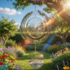 May include: A silver-toned metal wind spinner featuring a circular design with a lion silhouette and the text 'EVERYTHING THE LIGHT TOUCHES IS OUR KINGDOM'. Below it hangs a circular pendant with the text 'HAKUNA MATATA' and a sun icon.