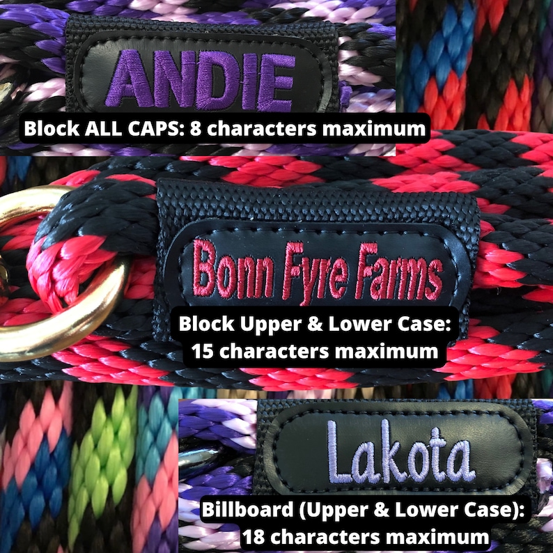 Puede incluir: Primer plano de tres etiquetas de cuero negro con texto bordado de colores. La etiqueta superior dice "ANDIE" en hilo morado. La etiqueta del medio dice "Bonn Fyre Farms" en hilo rojo. La etiqueta inferior dice "Lakota" en hilo morado. Las etiquetas est&aacute;n unidas a una cuerda trenzada de colores.
