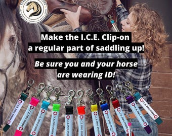 Placa de identificación de emergencia con clip I.C.E. para montar a caballo: sillín, cabestro, collarín, alforja, presilla para cinturón, mochila