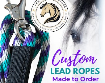 Cuerda para guiar caballos hecha a medida: 30 colores de cuerda de poliéster, 5 opciones de mosquetón, cualquier longitud, también disponible con broche de cuero y cadena/mosquetón de 20 pulgadas.