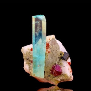 106.5 Karat natürlicher blauer Aquamarin-Kristall mit rotem Granat, schwarzem Turmalin und Muscovit kombiniert @ Shigar Mine Pakistan.