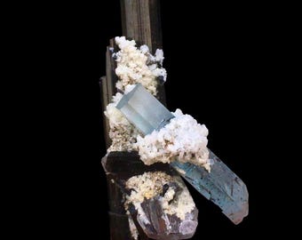 May include: A cluster of black tourmaline crystals with a large, clear aquamarine crystal on top. The aquamarine crystal is partially embedded in the tourmaline crystals and is surrounded by white calcite crystals.