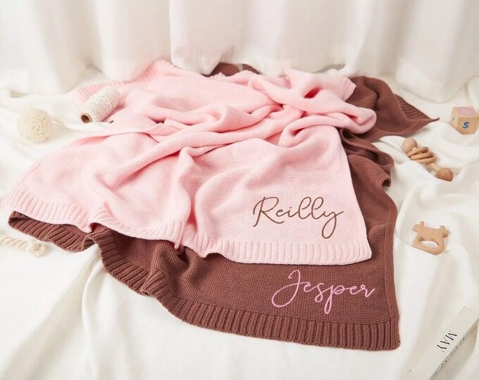 Personalized Knit Baby Blanket Embroidery Gift for Baby Shower Stroller Blanket Monogrammed Newborn
