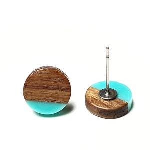 Aqua and Wood Stud Earrings, Cyan and Wood, Wood Resin Studs, Wood Earrings, Minimalist Stud Earrings, Simple Jewelry