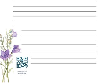 May include: A lined sheet of paper with a watercolor illustration of a robin perched on a branch and a floral design on the left side. The paper has a scan code with the text "Scan code to visit jw.org".