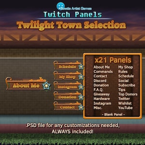 May include: A set of 21 Twitch panels in a brown and orange color scheme with a western theme. The panels are labeled with text such as "About Me", "Schedule", "My Shop", "Contact", "Discord", "Donation", "F.A.Q.", "Giveaway", "Hardware", "Instagram", "Misc.", "Rules", "Social", "Subscribe", "Tips", "Top Donors", "Twitter", "Wishlist", and "YouTube".